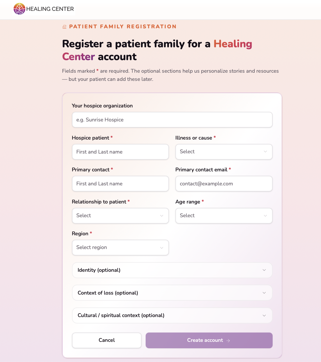 Patient family registration form