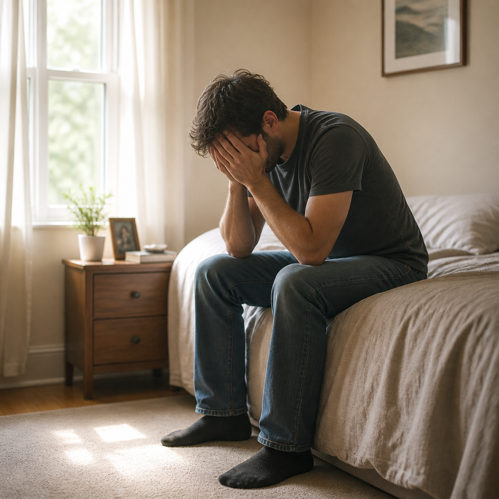 A person sitting alone on a bed, grieving in a dimly lit room