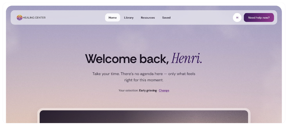 The Healing Center personalized welcome screen for Henri