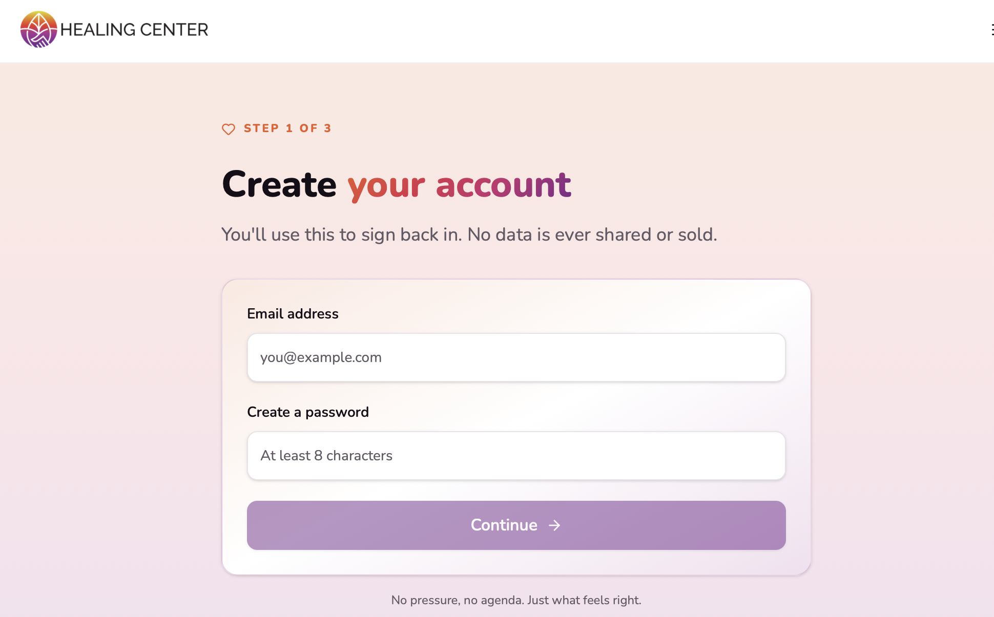 Create your account step one of three