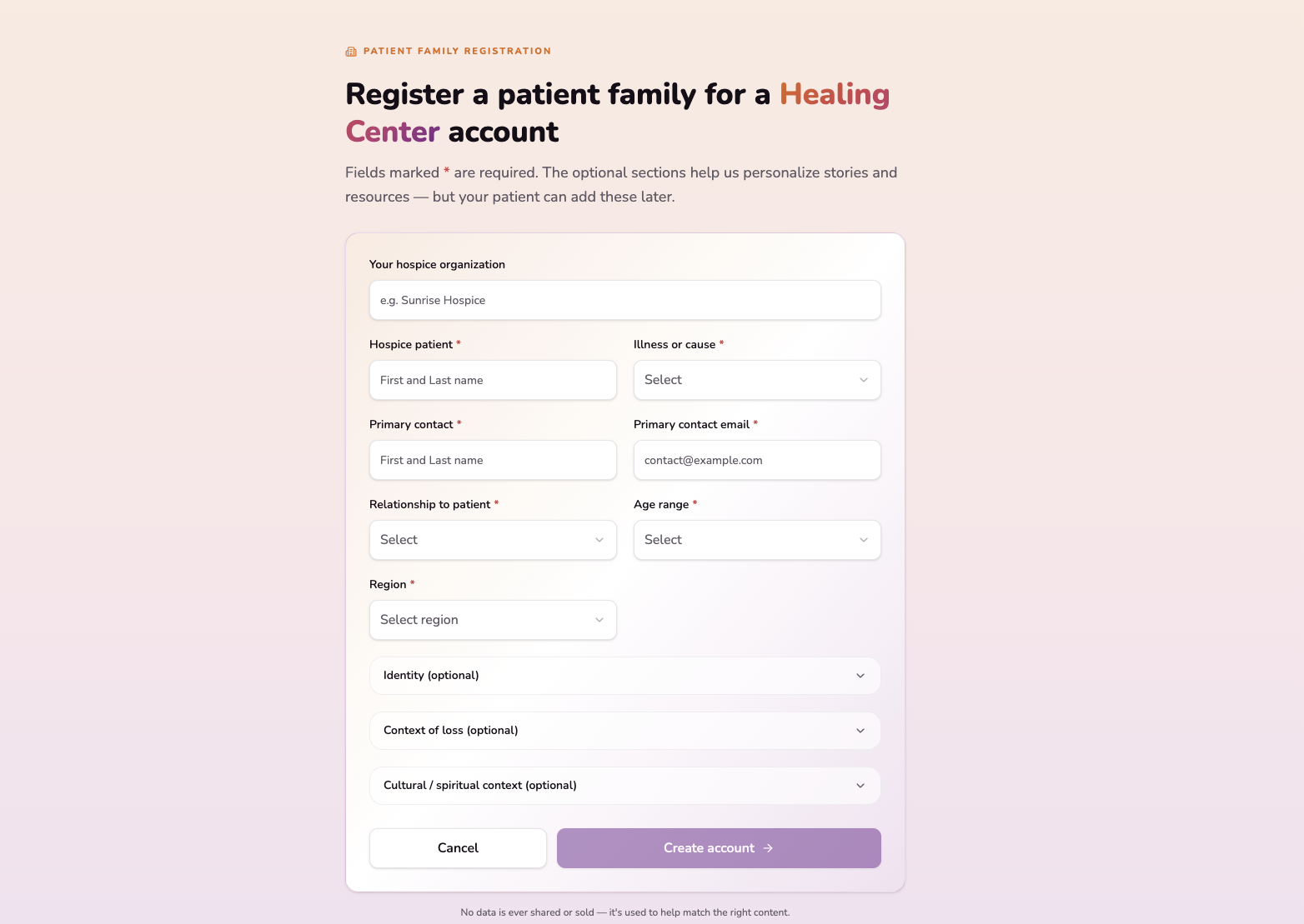Patient family registration form for a Healing Center account