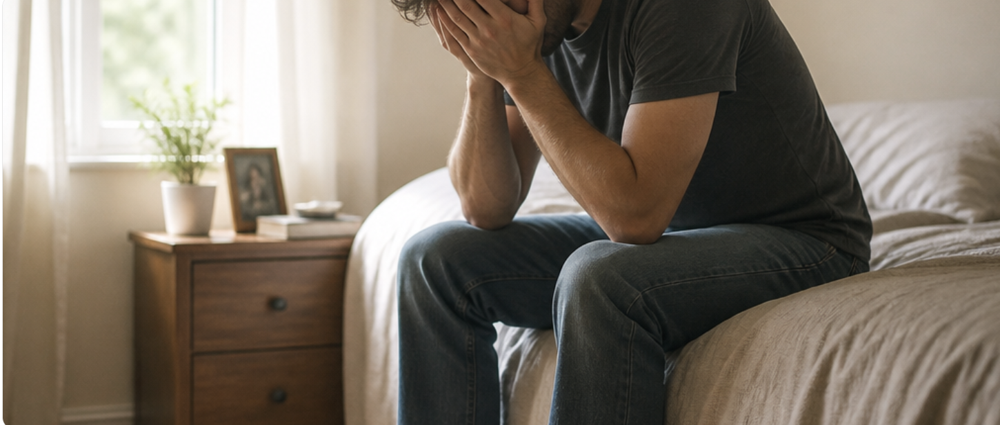 A person sitting on a bed, grieving in a softly lit room